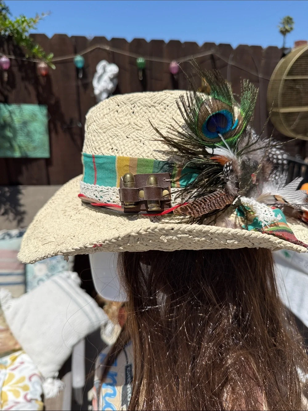 Custom straw cowboy hat w Peacock,feathers leather ,vintage cloth, card sheriff
