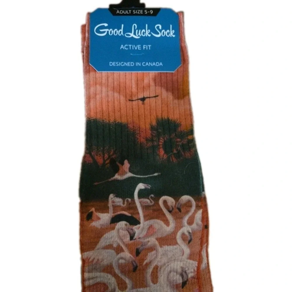 Good Luck Sock Womens Active Fit Socks Shoe Size 5-9 Flamingos In The Sunset New
