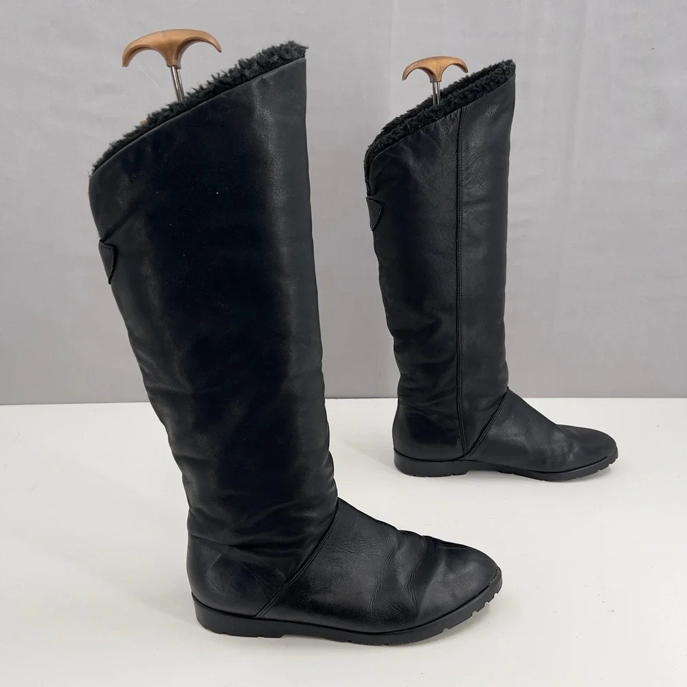 Vintage Cougar Black Leather Knee High Winter Boots Fur Lined Size 9.5 Cozy Chic