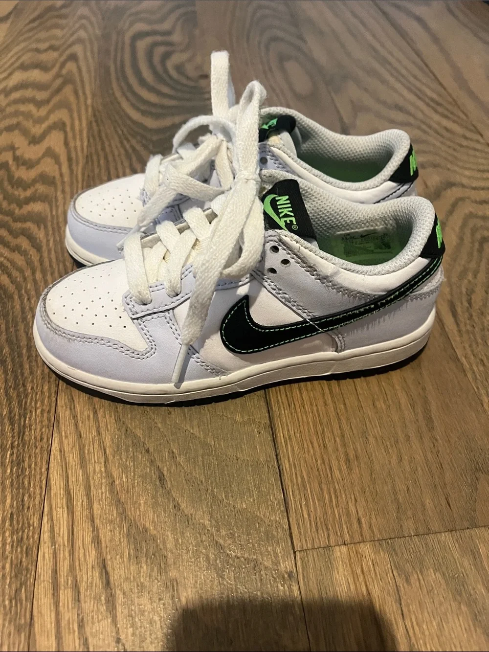 Nike Kids Dunks White Low-Top Sneakers with Neon Green Logo