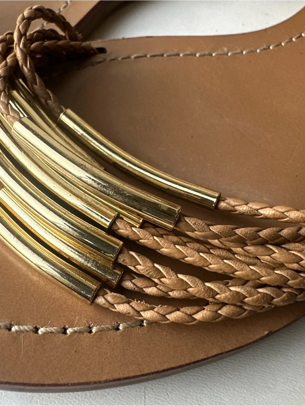 Tory Burch Flat Gladiator Sandals 8.5 Braided Tan Leather Gold Hardware