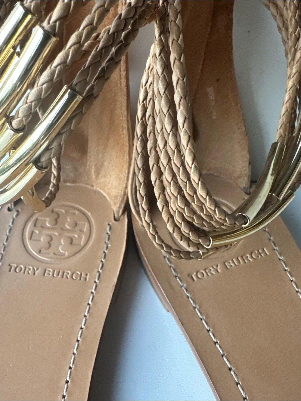 Tory Burch Flat Gladiator Sandals 8.5 Braided Tan Leather Gold Hardware