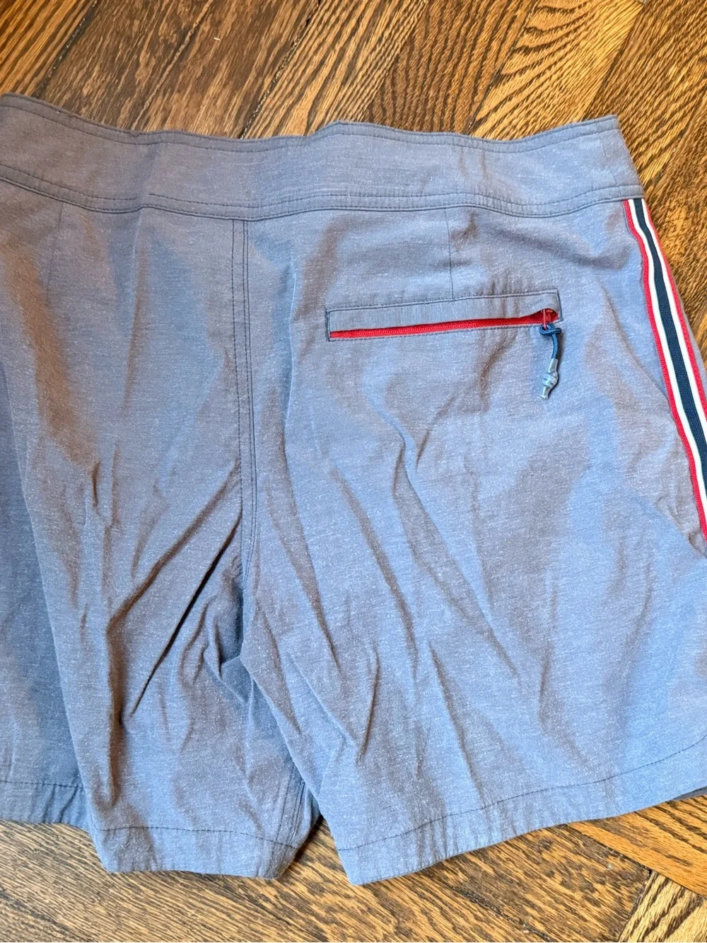 Marine Layer Gray Swim Board Shorts with Red and White Side Stripes