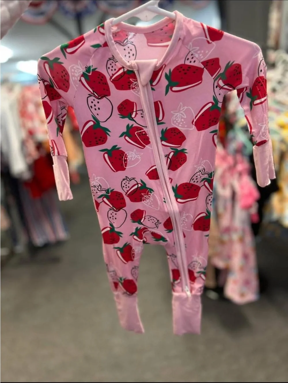 Pink Strawberry-Print Kids One-Piece Zipper Pajamas/bamboo