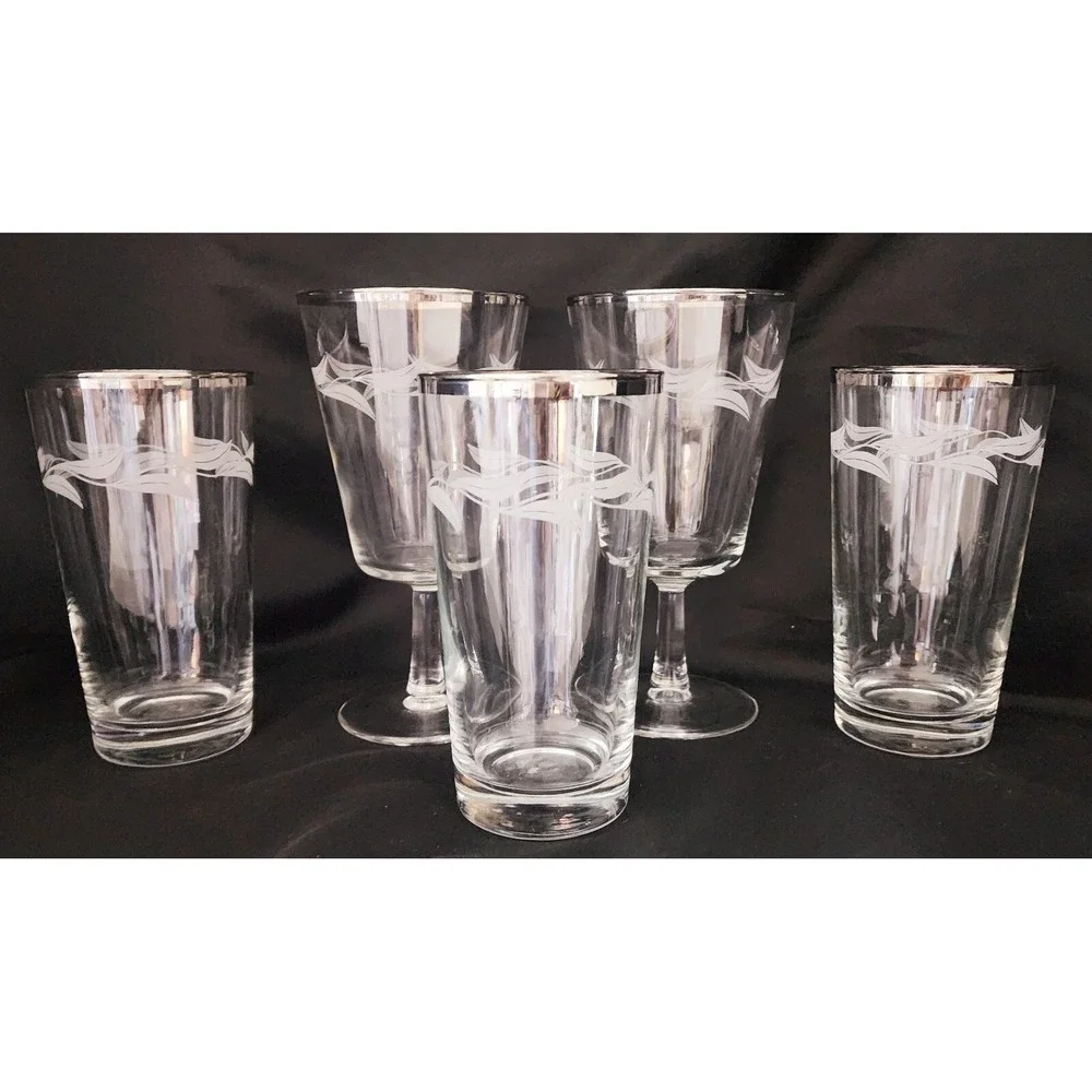 Vtg Platinum Rimmed Laurel Willow Etched Crystal France Glasses 2 Stem 3 Without