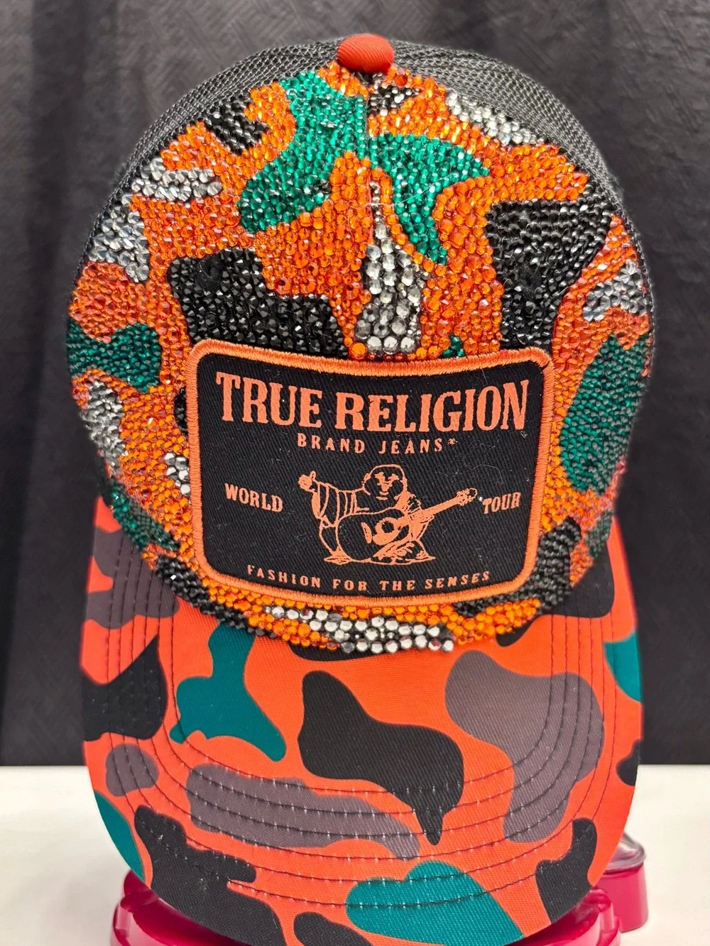 True Religion Orange Black Teal Camo Embellished Trucker Hat