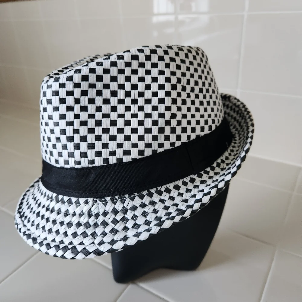 CATTANI Black & White Checkered Trilby Fedora Hat - Stingy Brim Ska Style 58cm