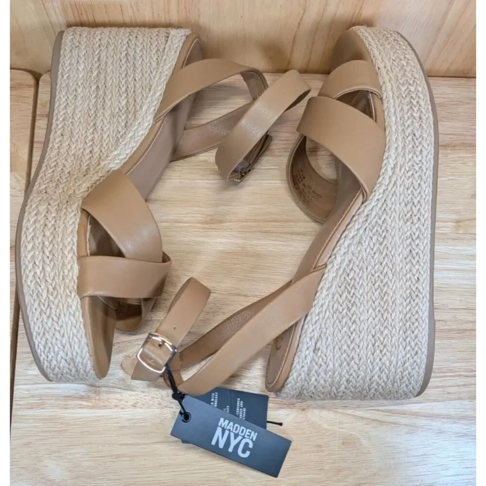 Madden NYC Platform Espadrille Sandals Tan Size 9.5 Womens Ankle Strap‎