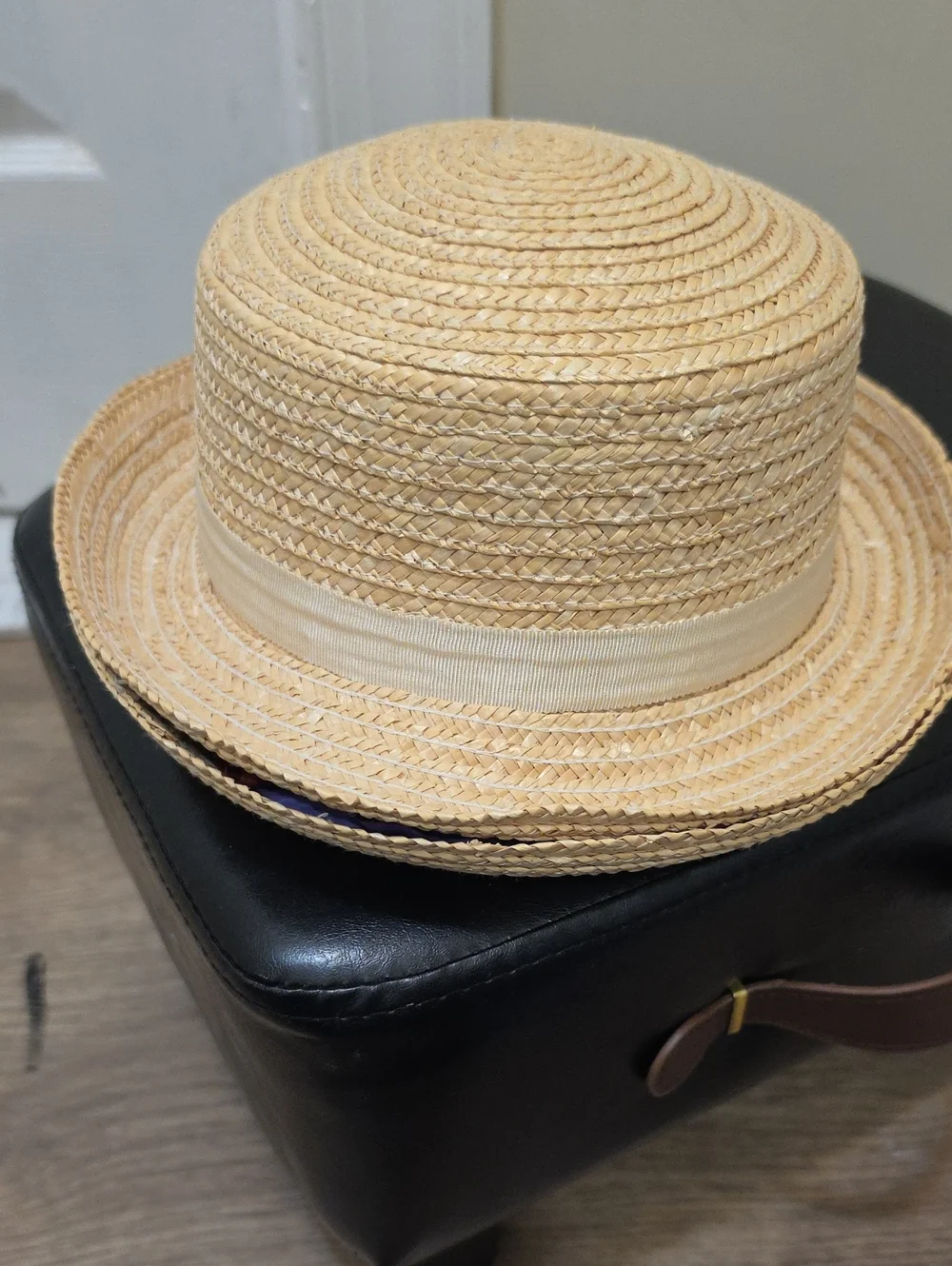 Straw Boater Hat with Ribbon Band - Natural