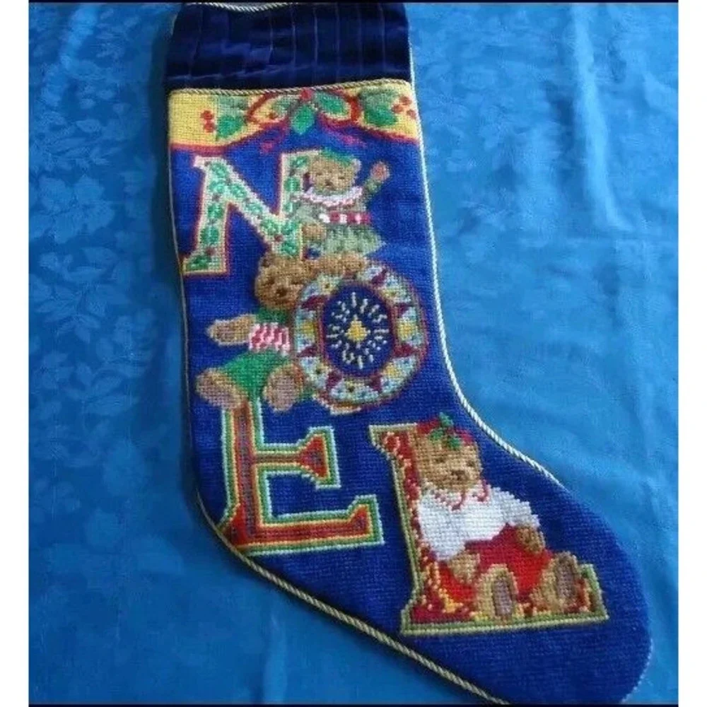 Christmas Stocking Needlepnt NOEL Bears‎ Navy Blue Velvet Gold Trim X Stitch EUC