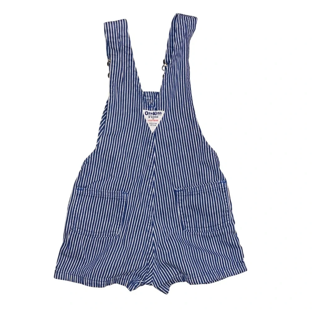 Vtg OshKosh Bgosh Kids 4T Hickory Stripe Denim Shortalls Made in USA Blue White