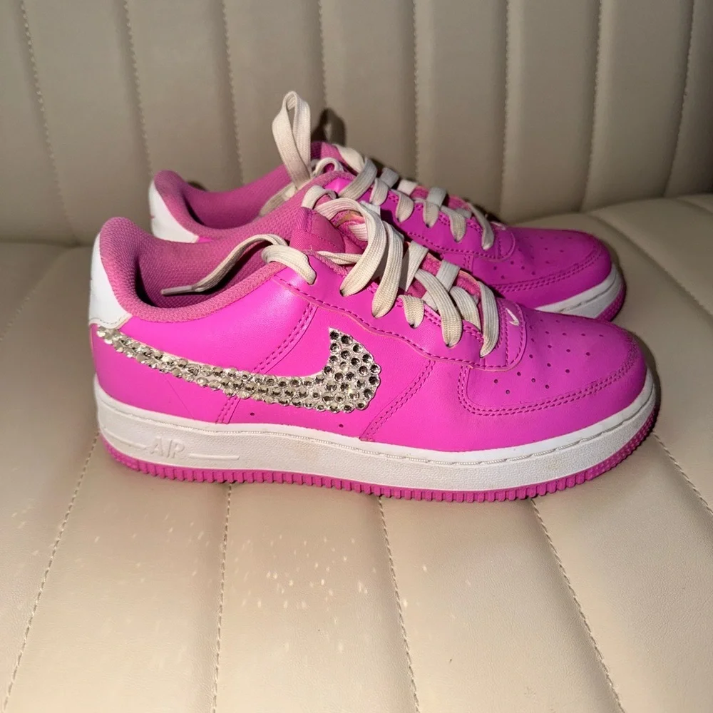 Pink Y2K Bedazzled Nike Sneakers with Rhinestone Swoosh on outside 4Y Barbiecore