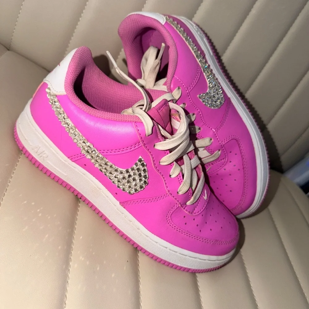 Pink Y2K Bedazzled Nike Sneakers with Rhinestone Swoosh on outside 4Y Barbiecore