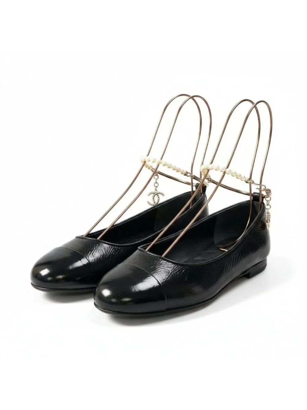 Chanel Ballerina Pearl Anklet CC Logo Flat Pumps 36 Black