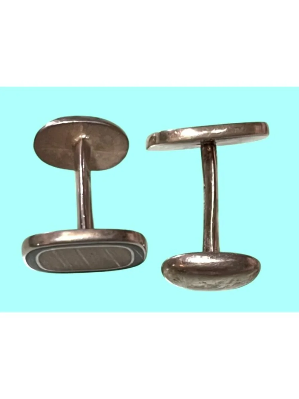 Sterling Silver Cufflinks With Geometric Amber-Colored Inlay & Black Border