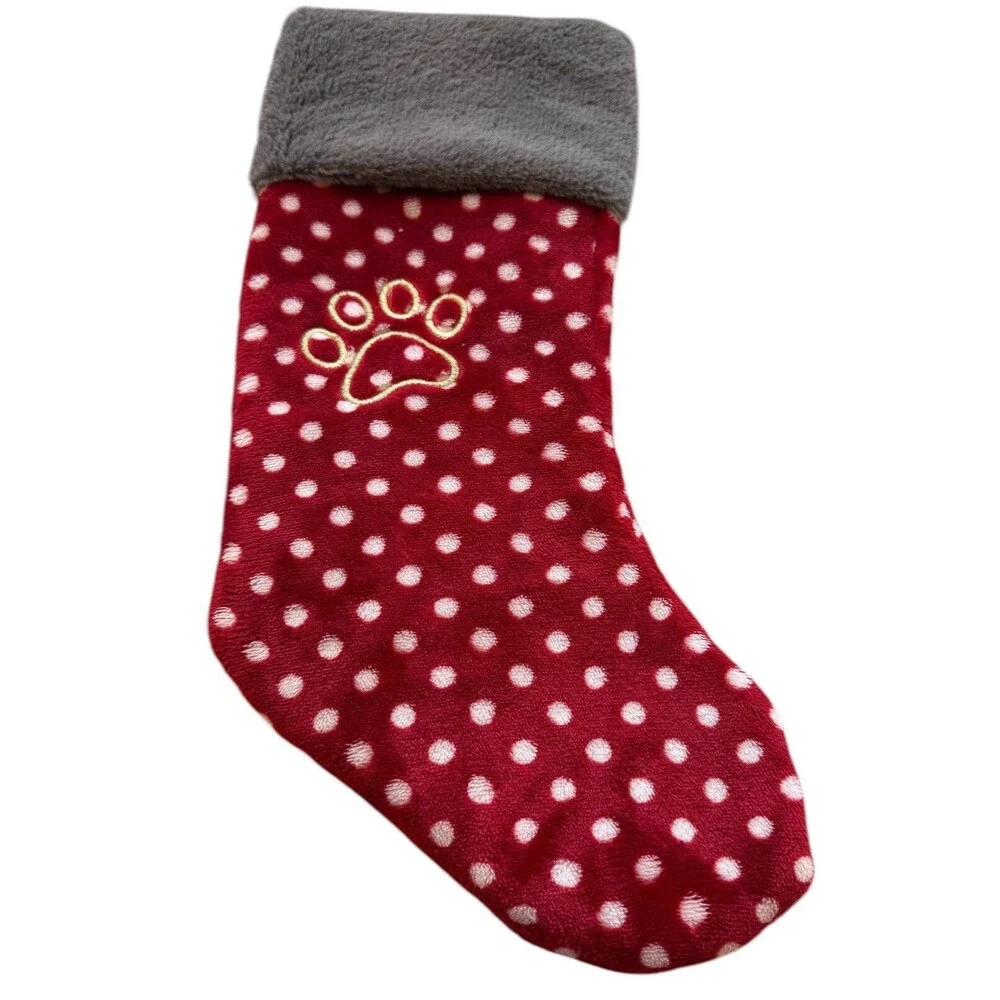 Plush Dog Christmas Stocking 18” Red White Velvet Gray Trim Gold Embroid…