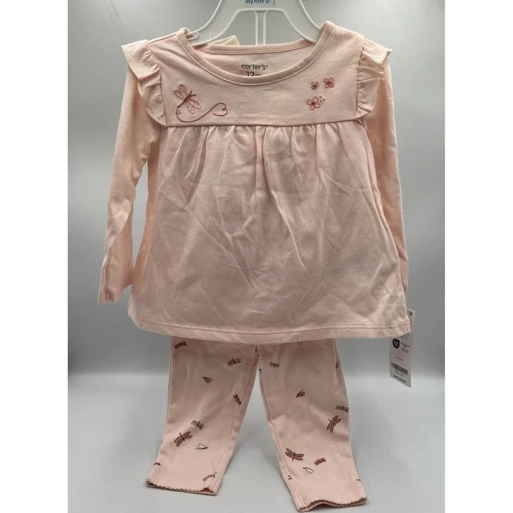 Carter's Baby Girl 4 Piece Pink Outfit, Long Sleeve Top, Pants, Socks, Hair Band