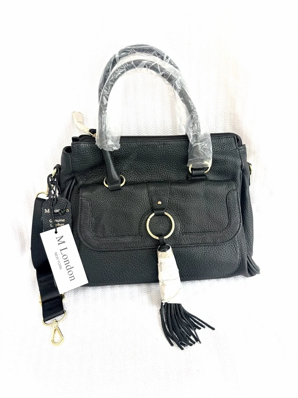 NWT!  M. London Black Leather Satchel Handbag with Crossbody, Tassel Detail