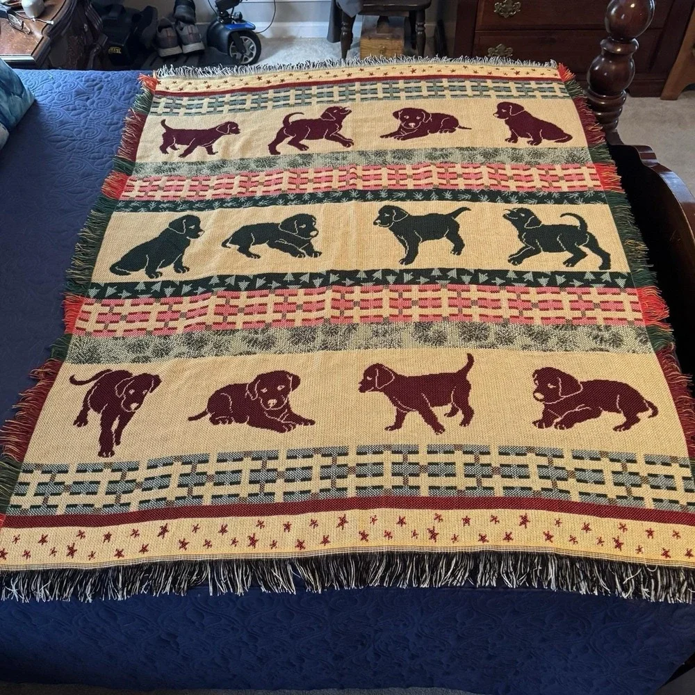 Dog Puppies Pattern Blanket Multicolor Tapestry  Soft w/ Fringe