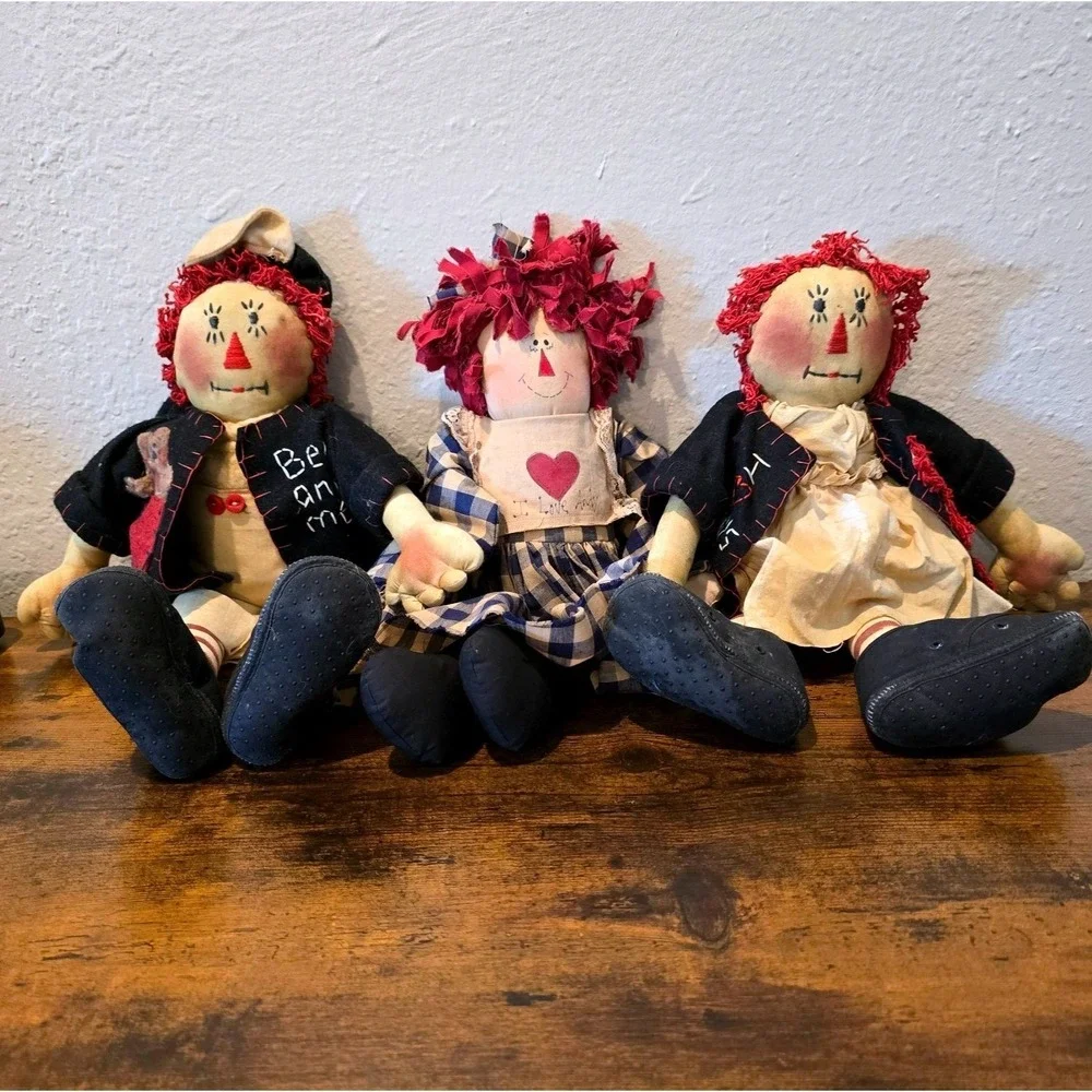 1995 Vintage Primitive Raggedy Ann Andy Dolls 18 Lot 3 Handmade Folk Art Country