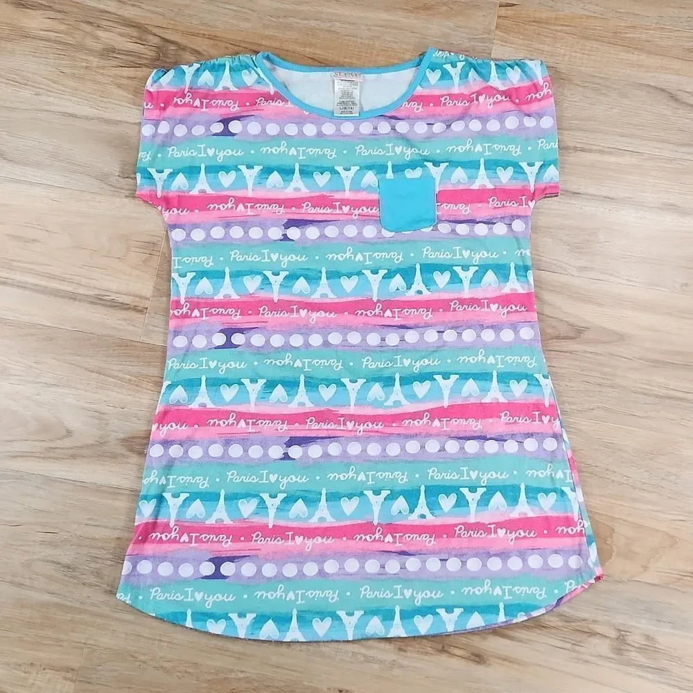 🧚‍♂️Steve Pink & Turquois Paris I Love You Eiffel Tower Nightgown Size 14
