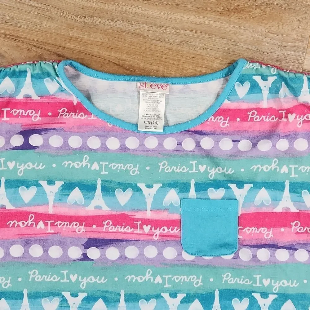 🧚‍♂️Steve Pink & Turquois Paris I Love You Eiffel Tower Nightgown Size 14