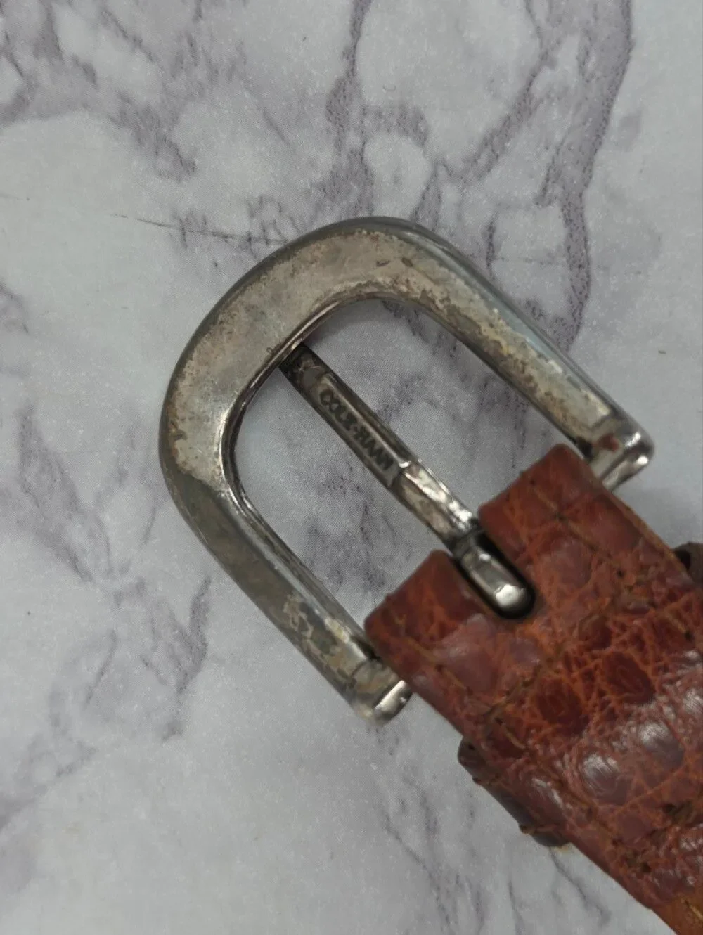 Vintage Cole Haan Men's Woven Cream Belt with Brown Leather Silver Tone Buckle