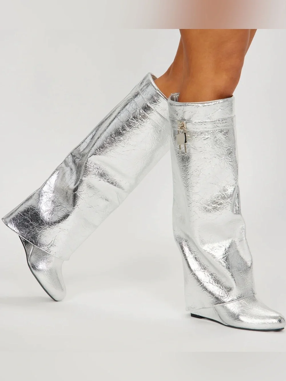 NWOB Fashion Nova Metallic Silver Knee-High Wedge Boots Size 9