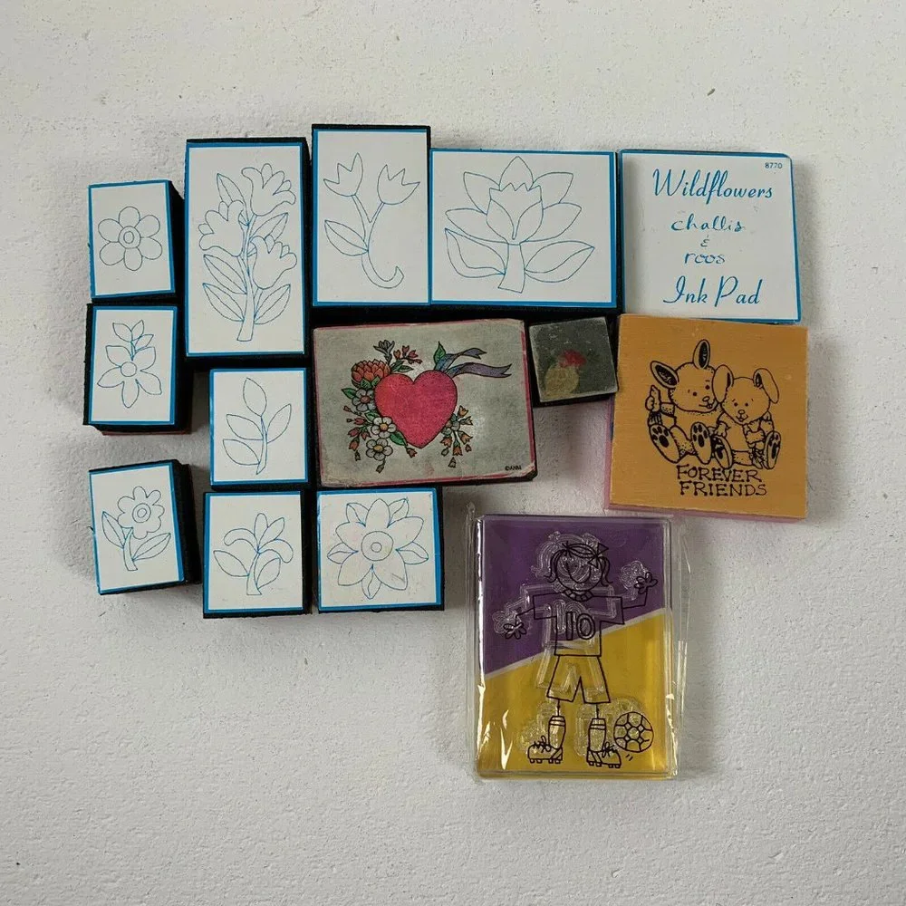 Large Lot of Rubber and Wooden Stamps 44 Mixed Themes Sports Flower