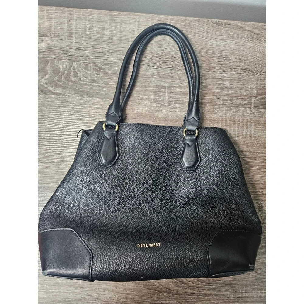 Nine West Black Pebbled Faux Leather Satchel Handbag Gold Hardware Work Tote
