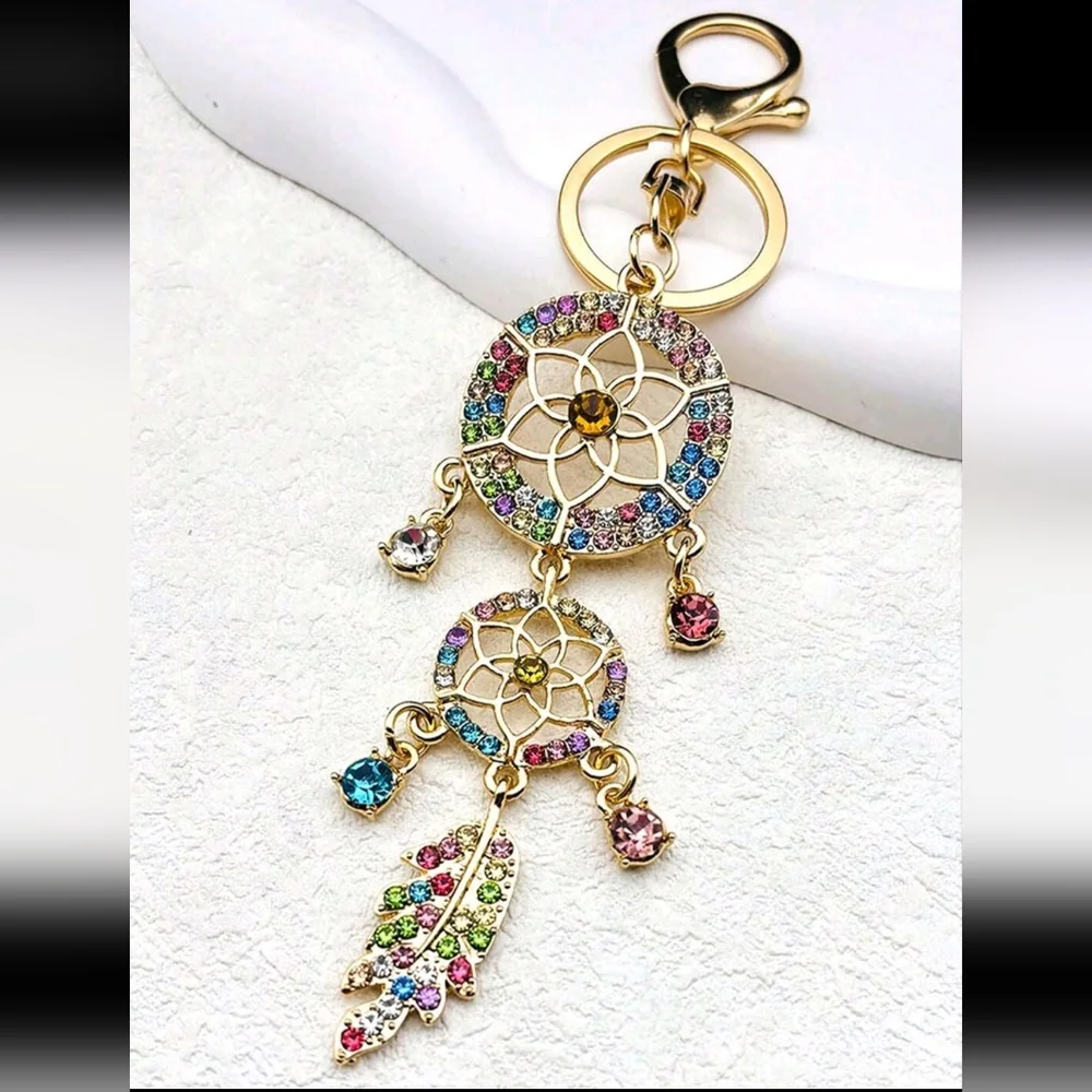 Dream Catcher Feathered Bag Charm Purse Charm Keychain Gold Rhinestone Charm NEW