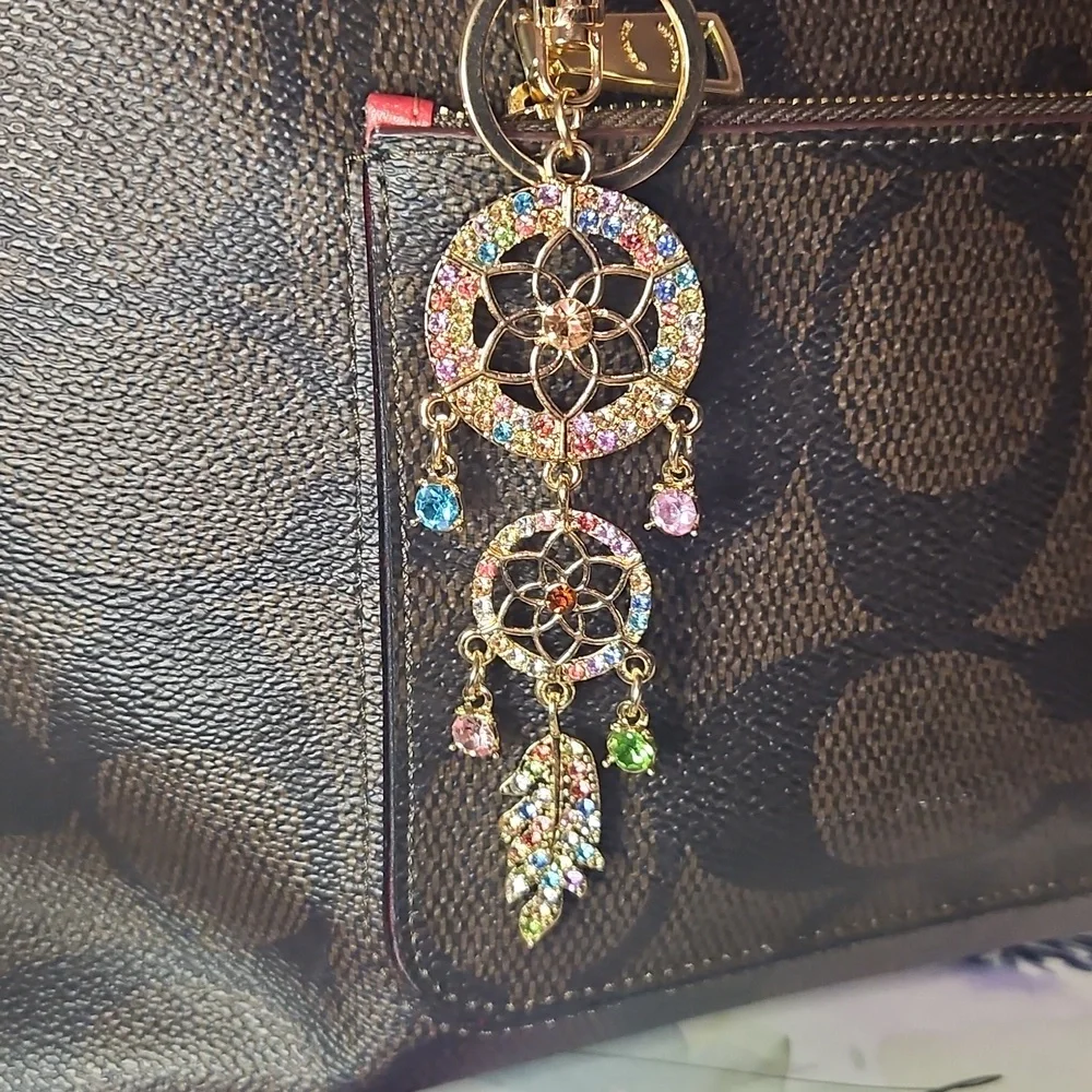 Dream Catcher Feathered Bag Charm Purse Charm Keychain Gold Rhinestone Charm NEW