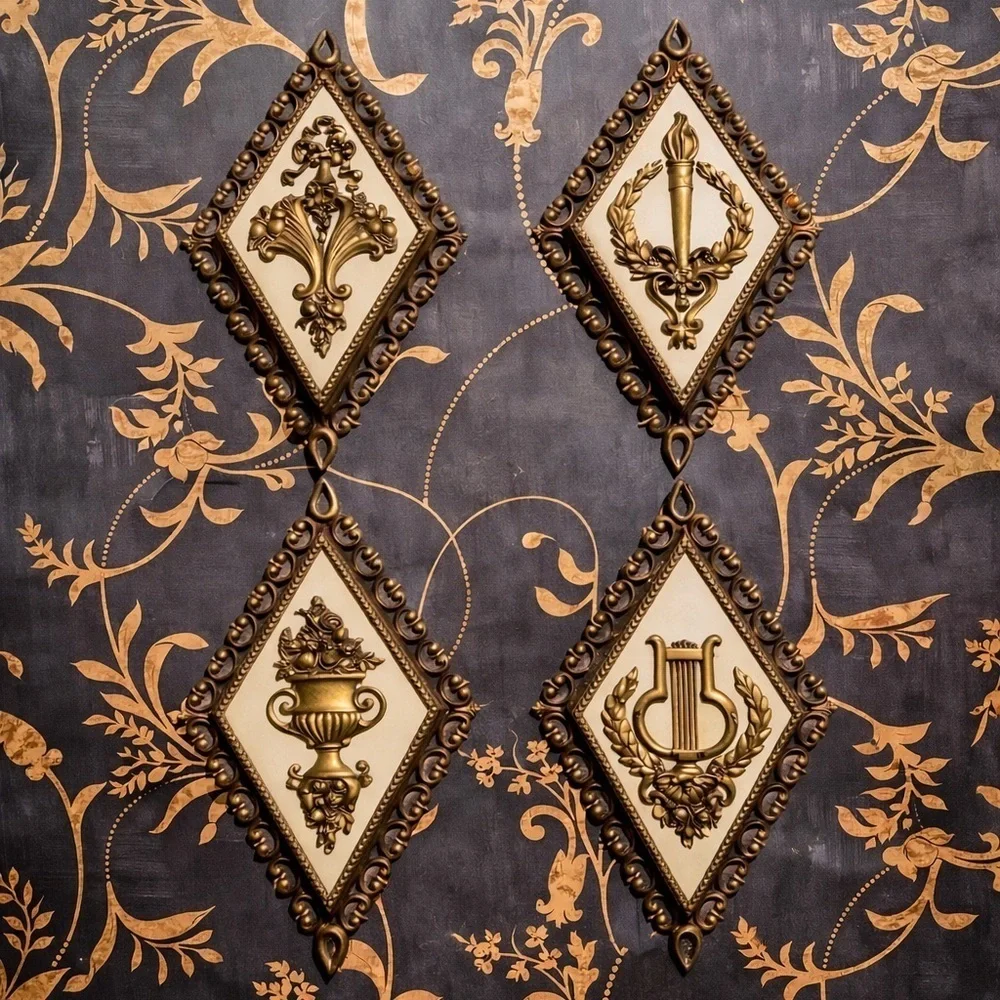 Vtg HOMCO Roman Gold Diamond Shaped Wall Plaques Ornate MCM Set Of 4