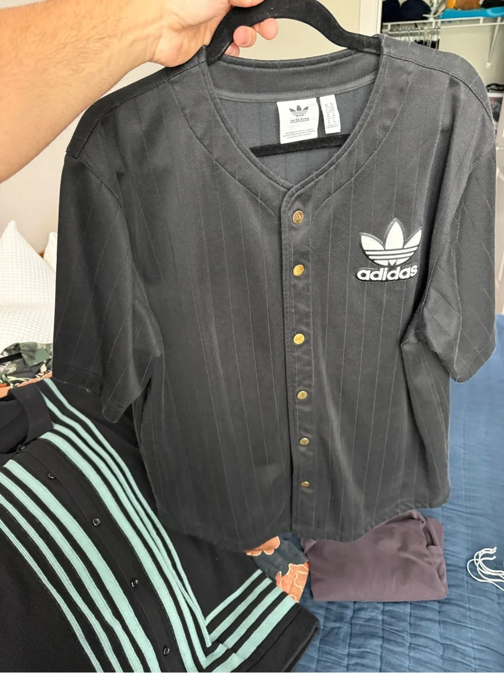 adidas Black Short-Sleeve Button Baseball Jersey with Trefoil