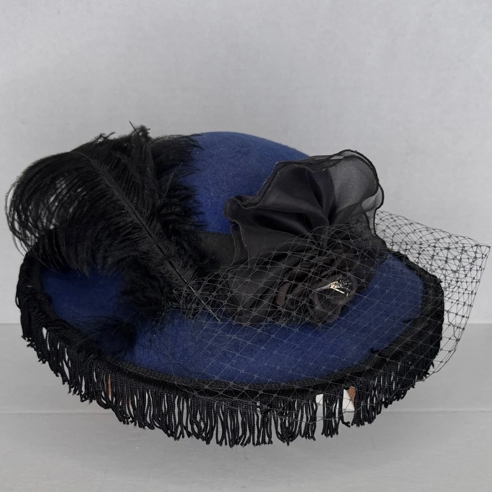 Vintage IMPORTINA Geo W. Bollman &Co Navy & Black Wool Wide Brim Hat