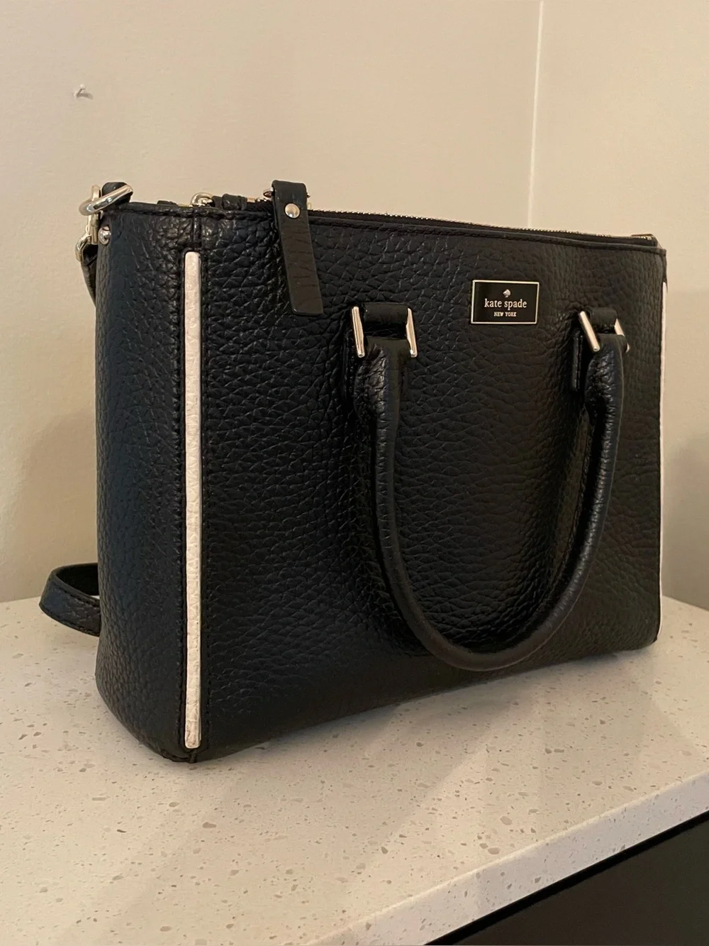 kate spade Black Pebbled Leather Satchel with Gold Accents