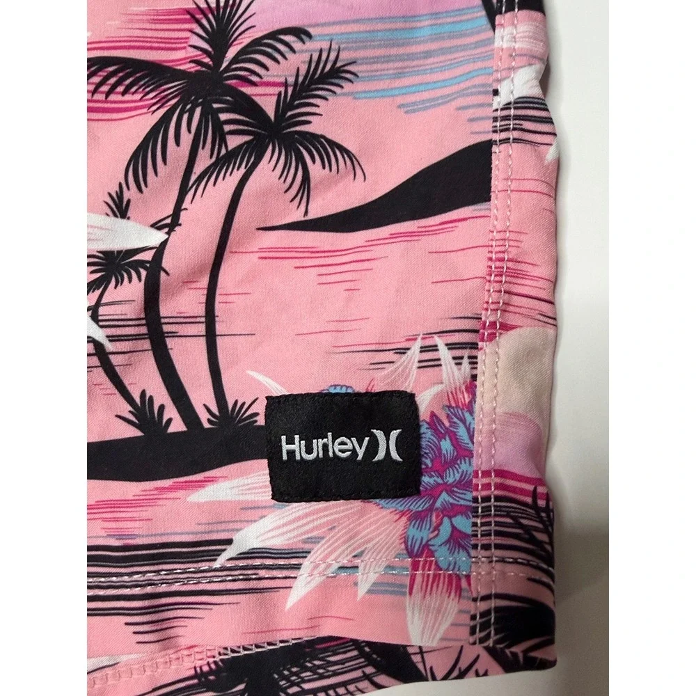 Hurley Mens Pink Tropical Palm Tree Floral Swim Trunks Board Shorts Small