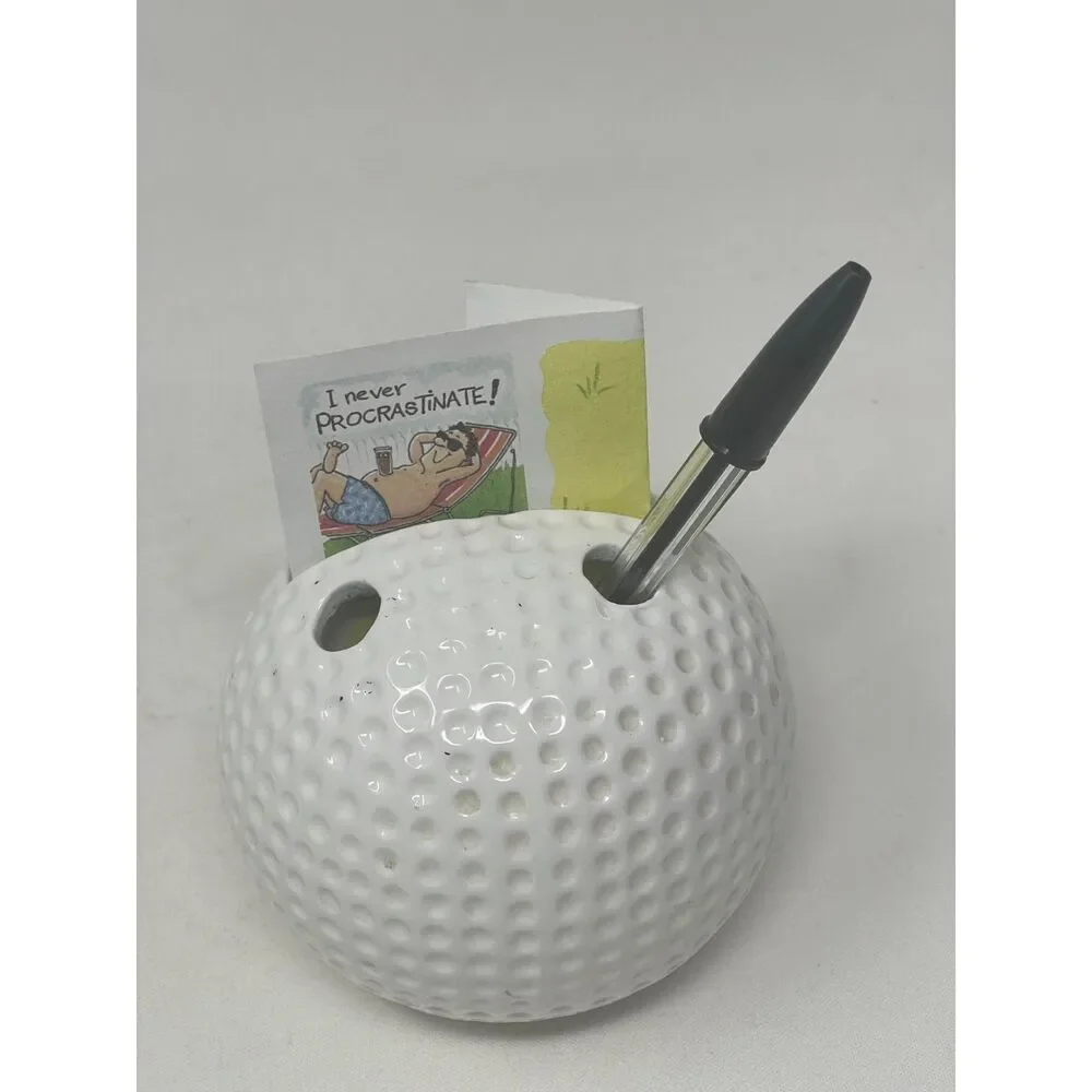 Russ Berrie #8652 GOLF BALL Ceramic PEN & NOTE HOLDER Desktop Fun Novelty