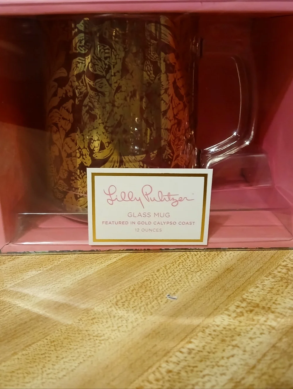 Lilly Pulitzer Gold Glass Mug with Pink Box Accents NIB