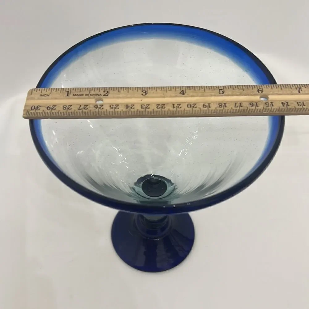 Blue Margarita Glass Hand Blown 4 Cups 6 1/2 In Round 7 3/4 Tall