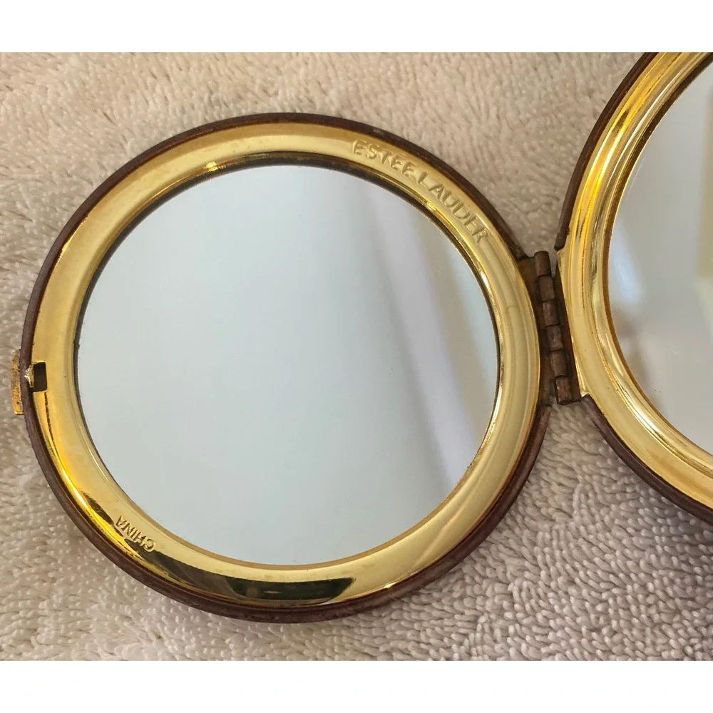 Estee Lauder Vintage Folding Compact Mirror Gold Tone Amber Brown Enamel Round