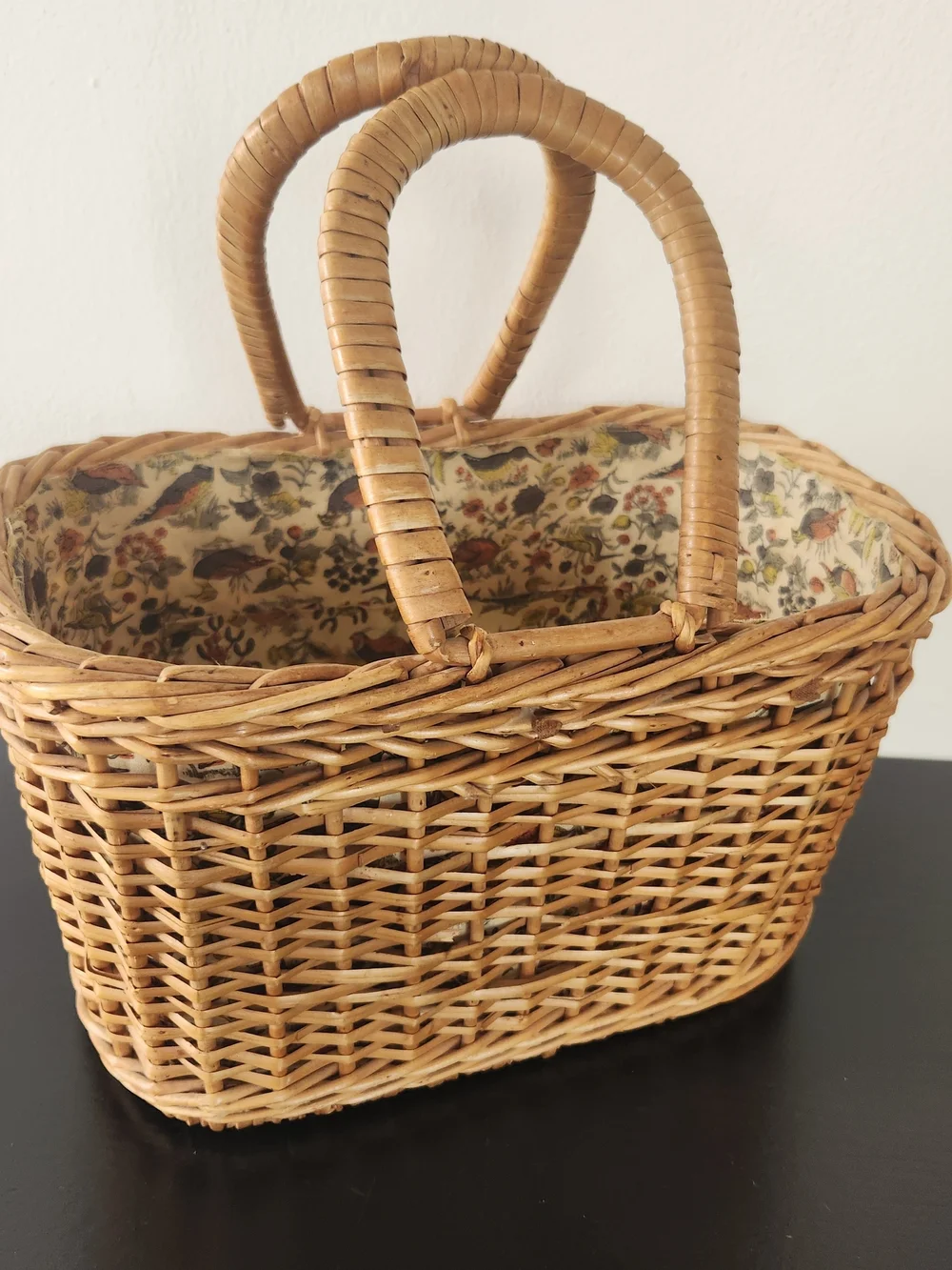 Vintage Handmade Woven Rattan Basket Tote in Natural Brown with Bird Liner