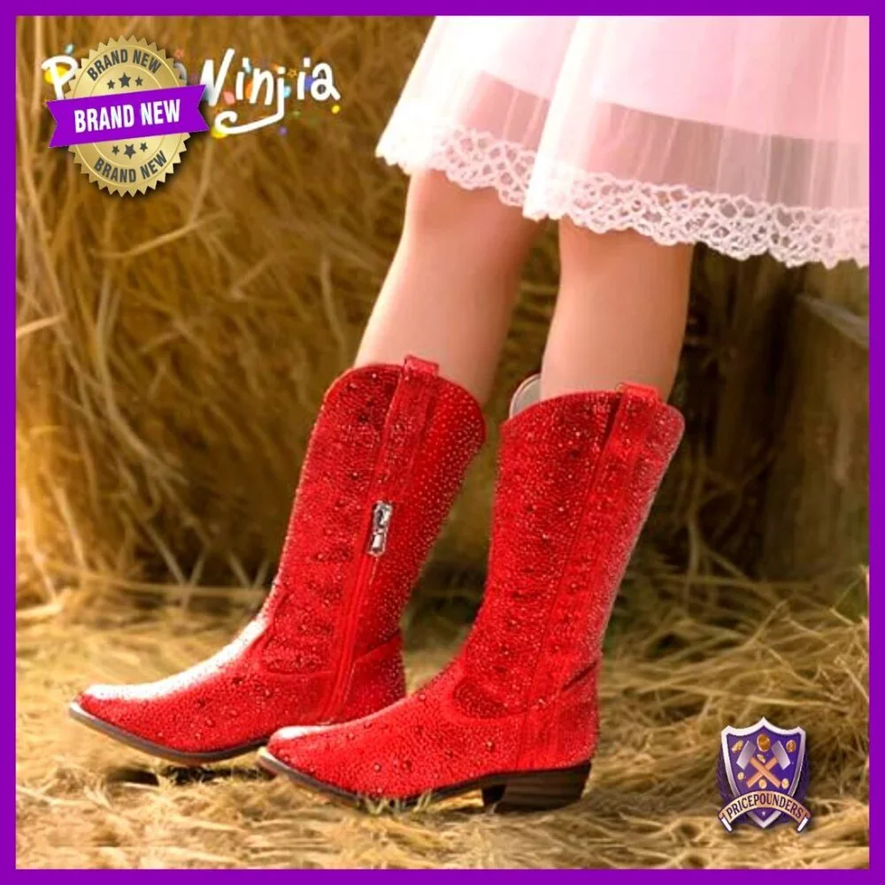 Rhinestone Sparkly Cowgirl Boots Mid Calf Round Toe Western Riding Boots