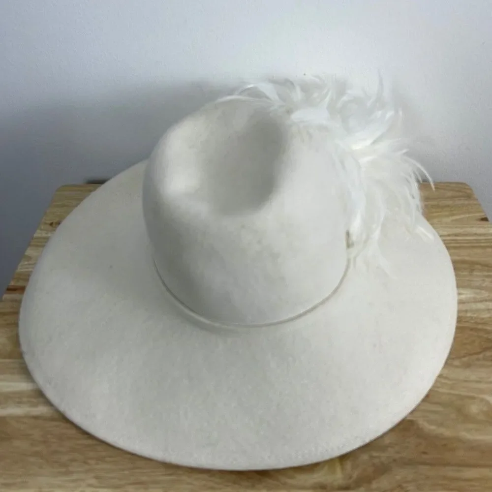 Seasons by S&S Hat Co Vintage White Wool Felt Wide Brim Hat Feather Accent USA