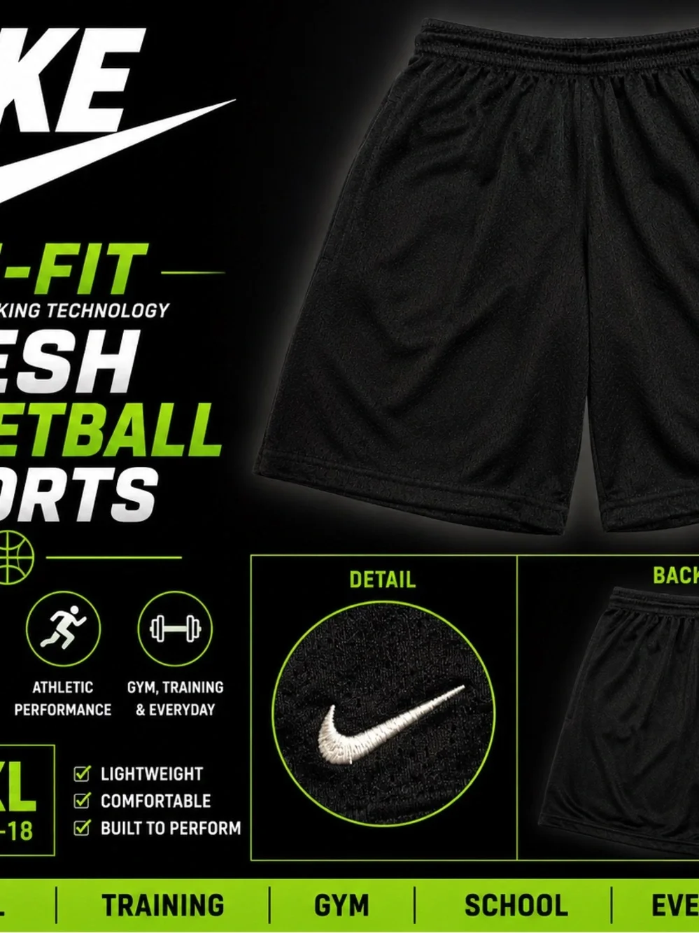 Nike Black Athletic Basketball Shorts with White Swoosh