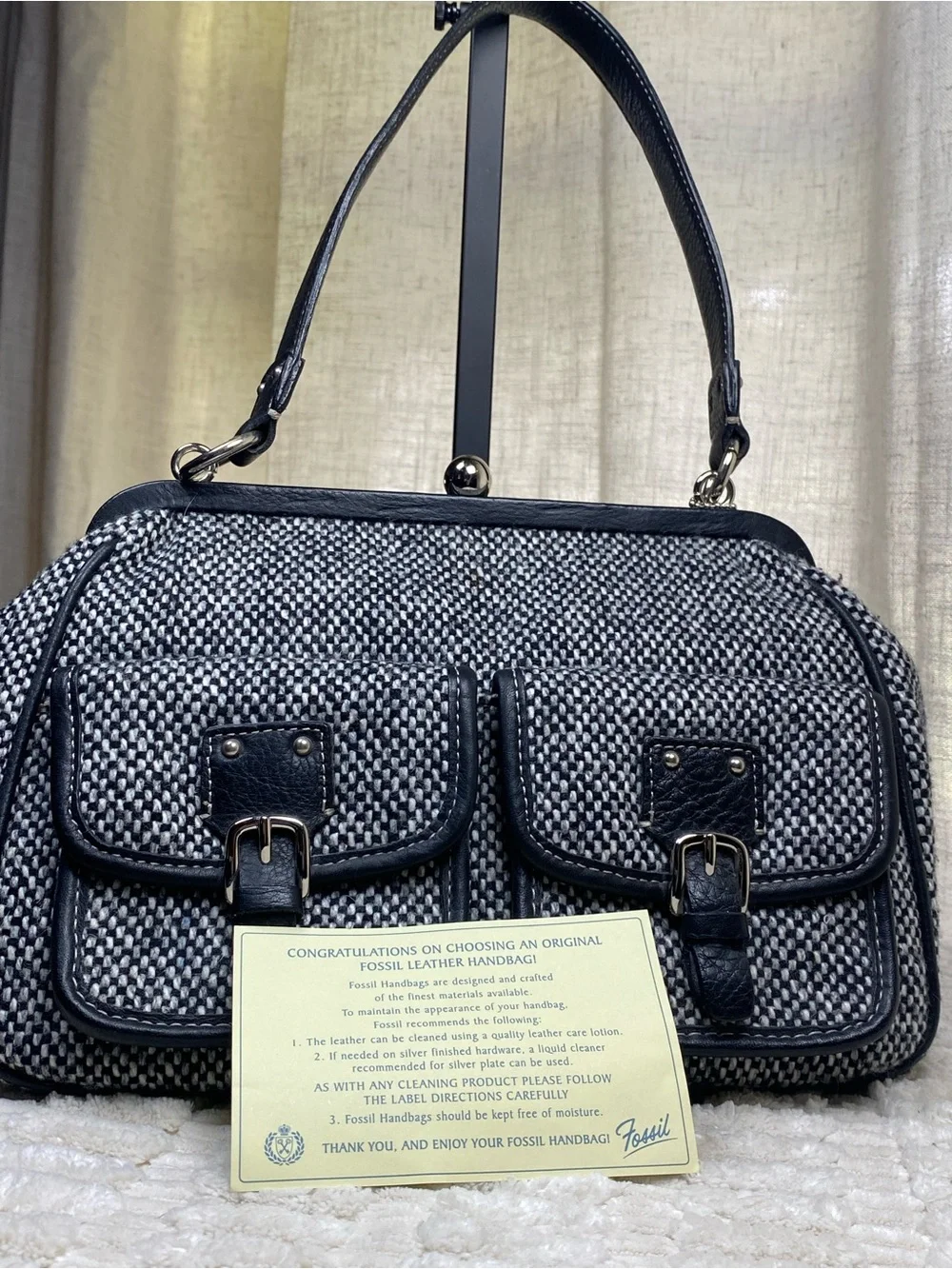 Vintage Y2K Fossil Tweed Satchel Handbag Double Pocket Frame Bag Black White