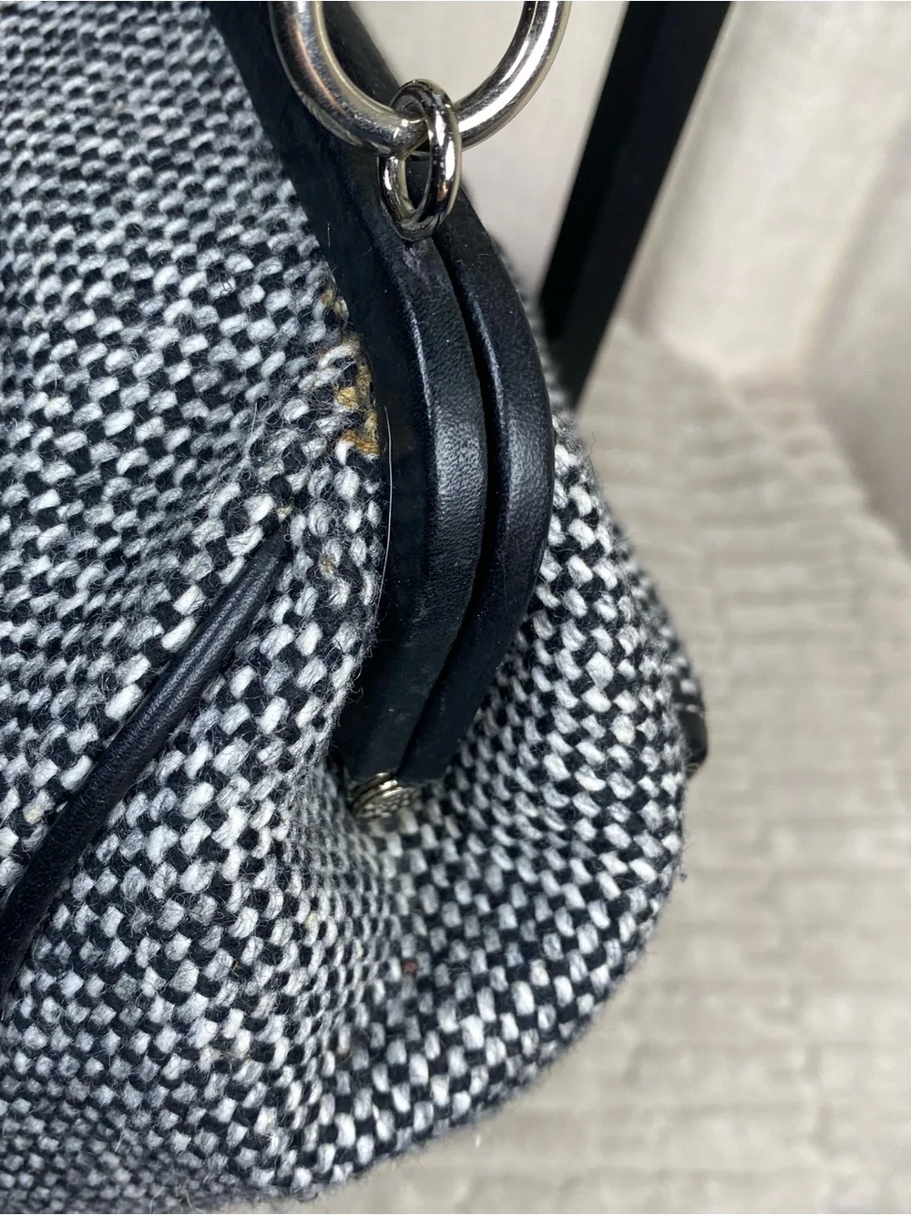 Vintage Y2K Fossil Tweed Satchel Handbag Double Pocket Frame Bag Black White