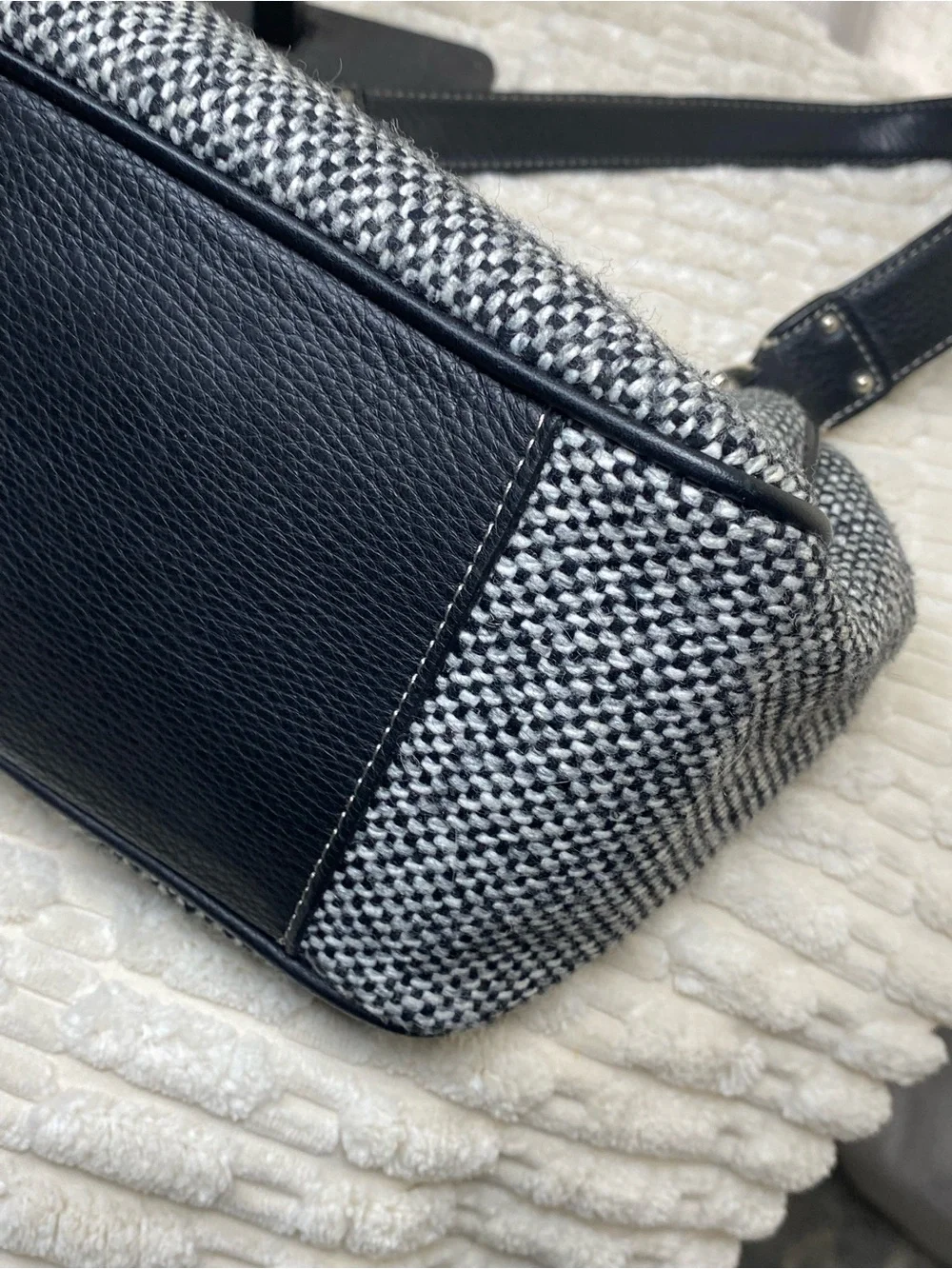 Vintage Y2K Fossil Tweed Satchel Handbag Double Pocket Frame Bag Black White