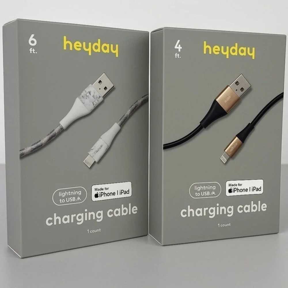 Heyday Lightning to USB-A Charging Cables Lot 6ft Marble + 4ft Black‎ – New