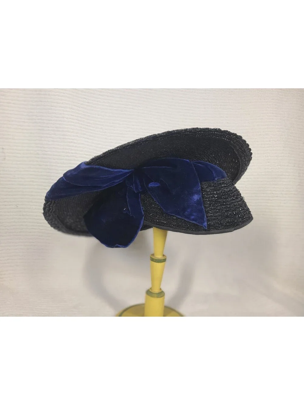 Vintage 1940s Saucer Hat Black Woven Straw Blue Silk Velvet Cloche Tilt Unique